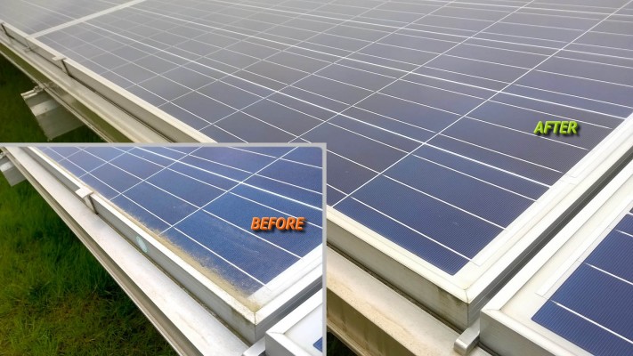 Solar farm panel before and after cleaning compare