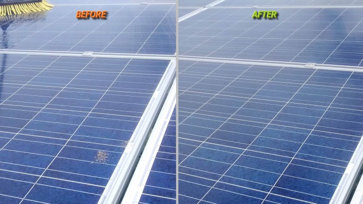 A dirty solar panel compared to a clean one post cleaning by Green Solar World