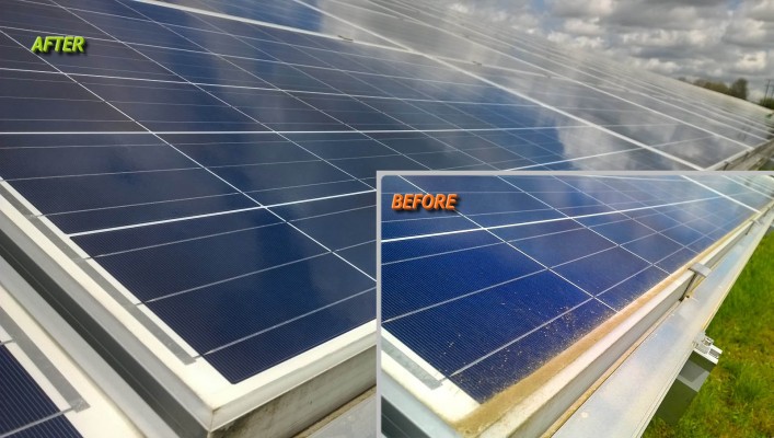 Dirty solar panel cleaned and ready to work at full capacity