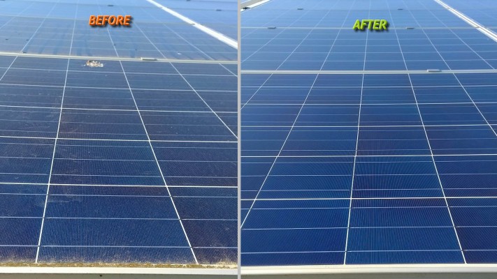 Dirty solar panel before and after cleaning