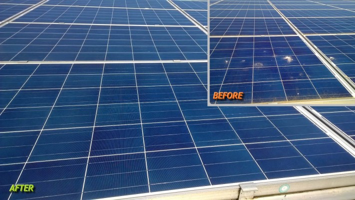 Very dirty solar panel before and after cleaning